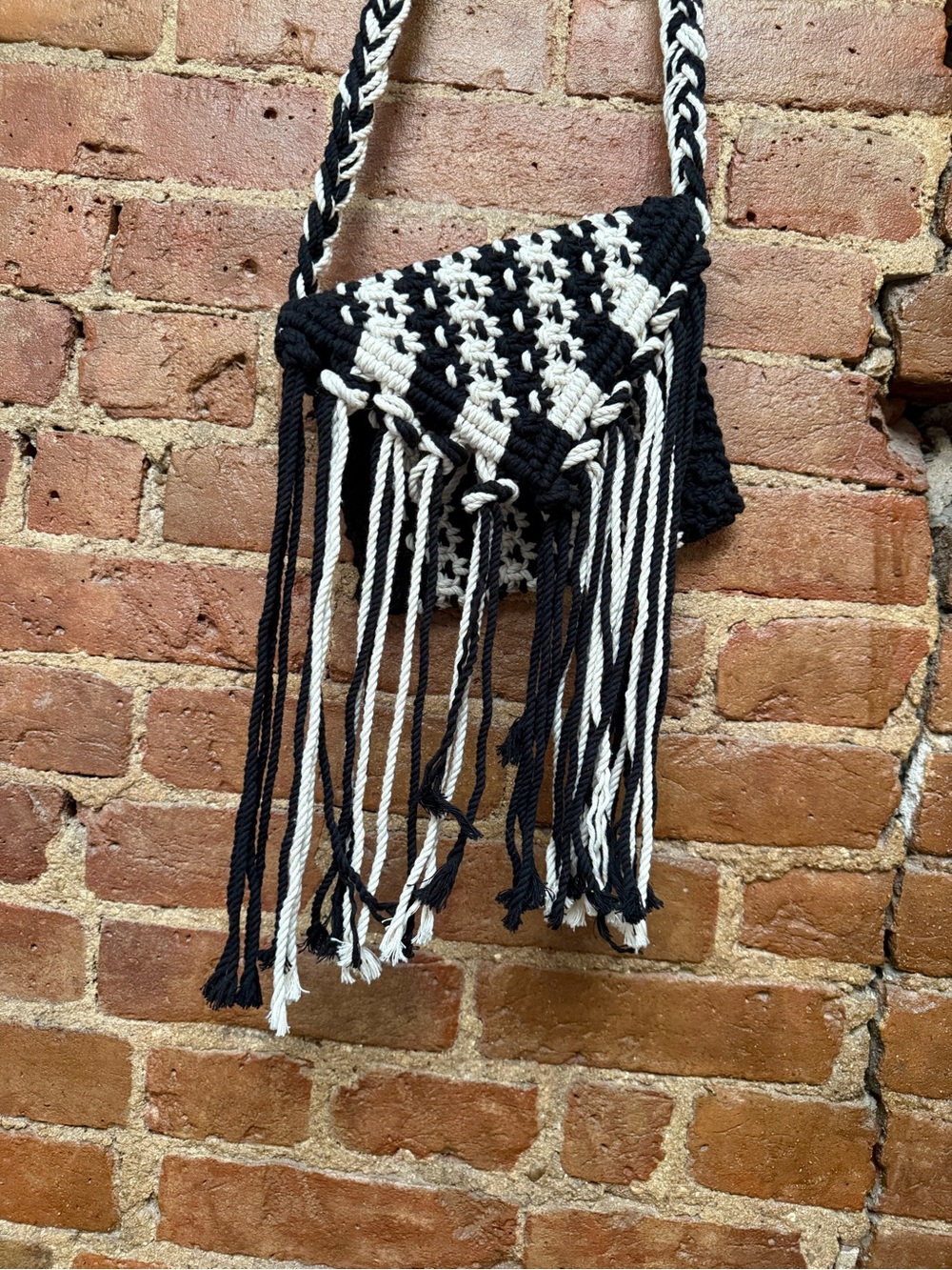 Boho Black & White Crochet Fringe Crossbody Bag - Picture 2 of 5